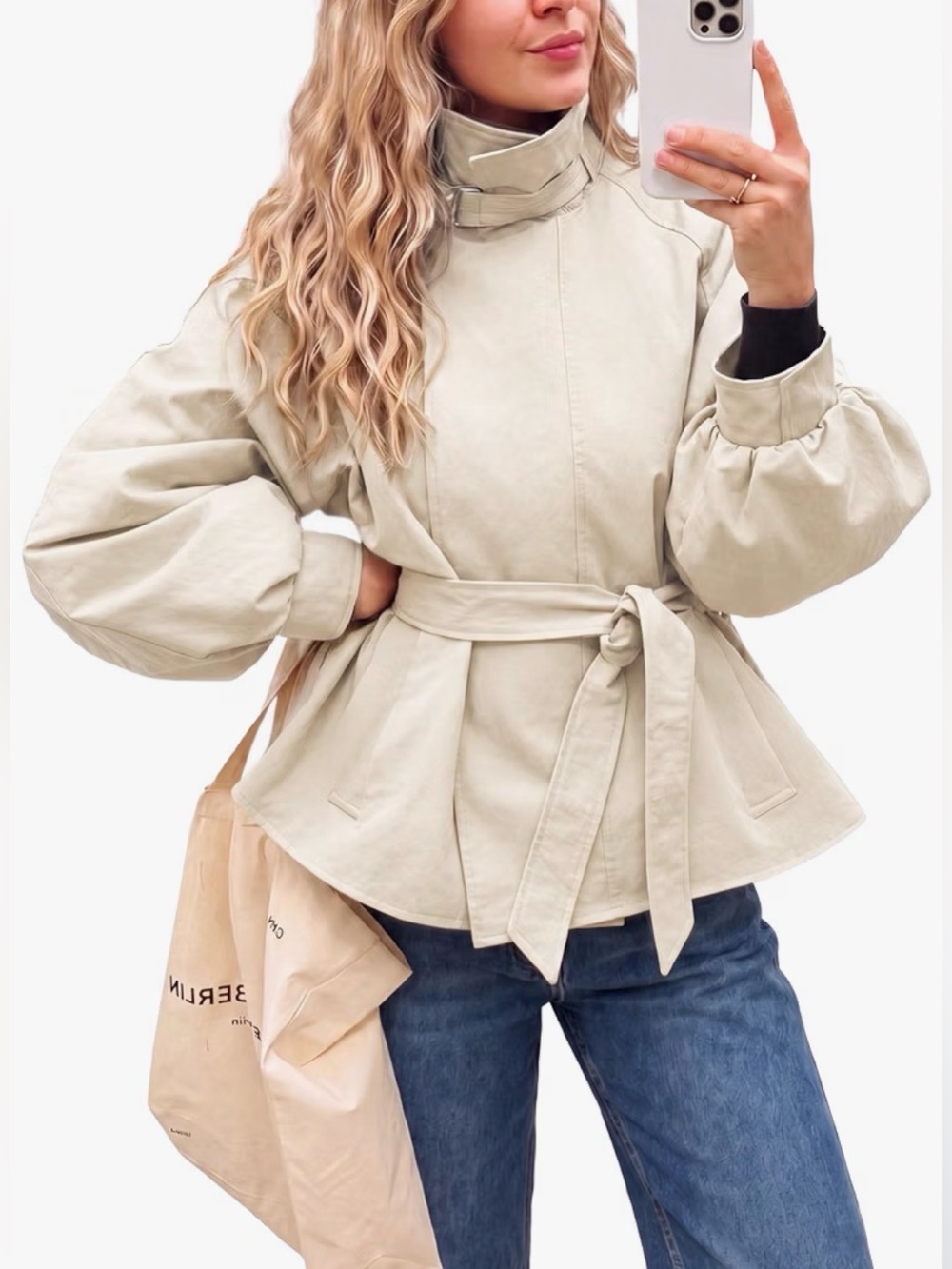 Belted Cream Trench Coat with Balloon Sleeves